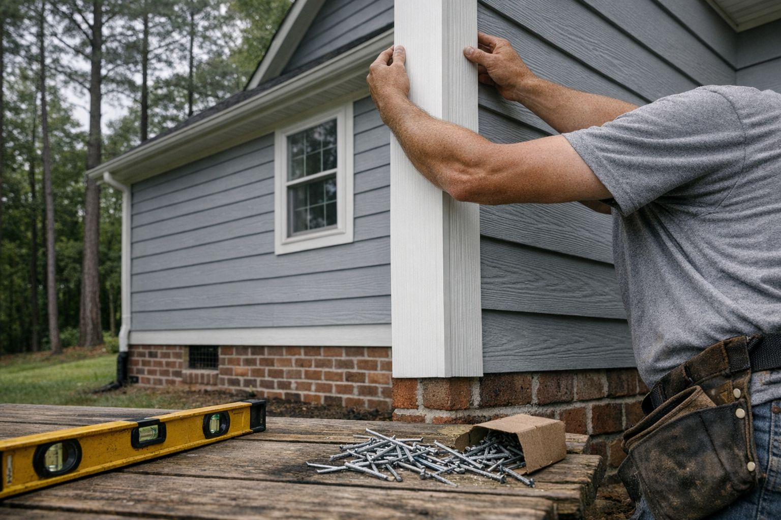 Installer setting an outside corner post for new lap siding on a Durham, NC home